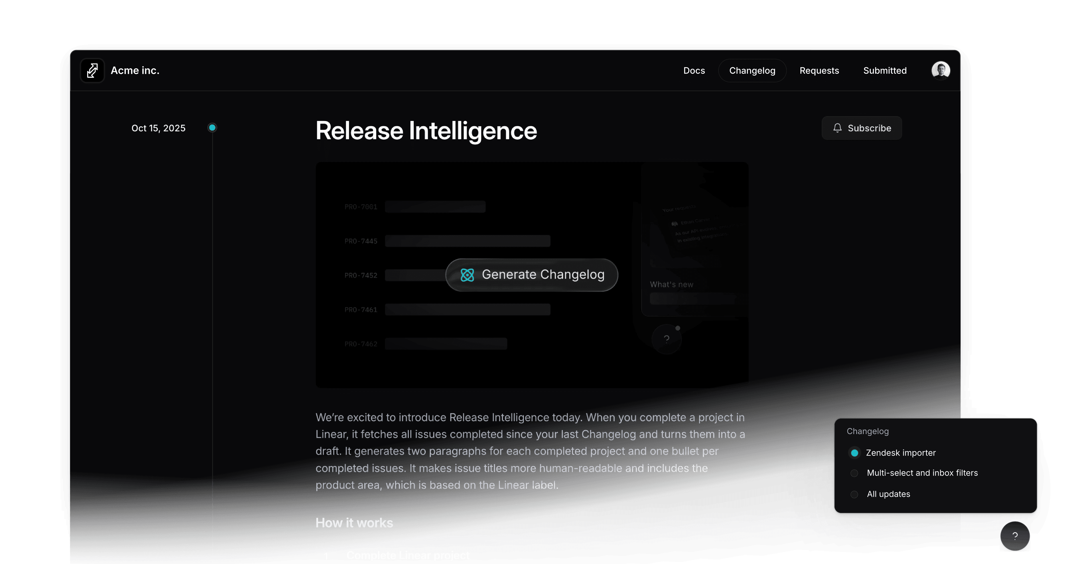 Productlane Changelog showing a published update with embedded widget