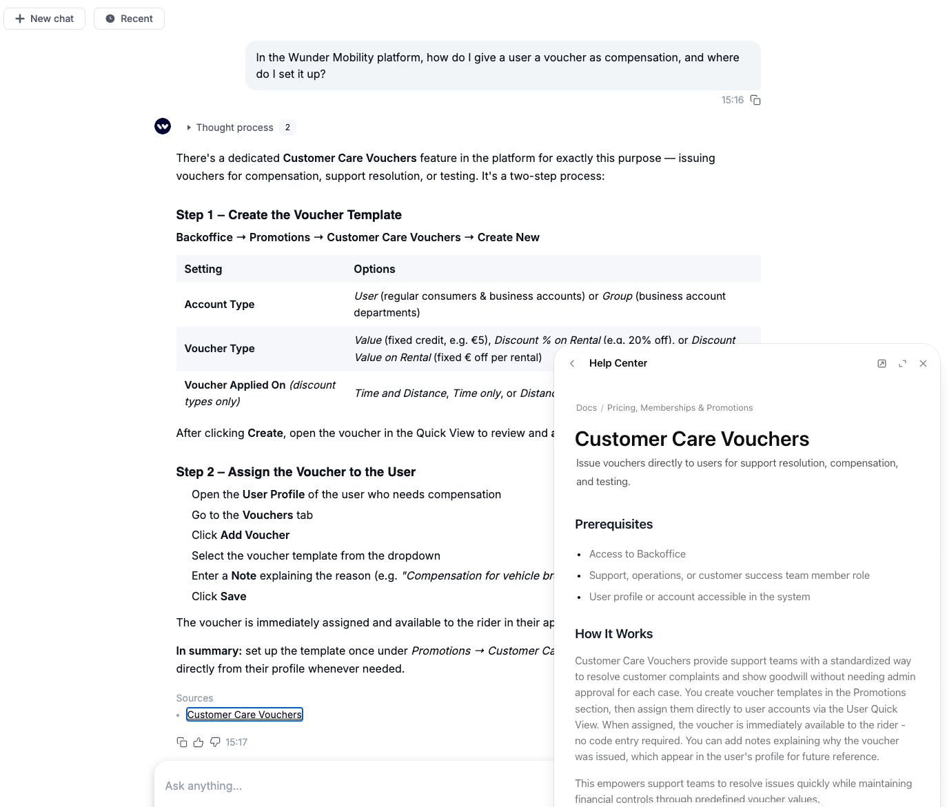 Chat assistant answer about Customer Care Vouchers with Help Center source panel open