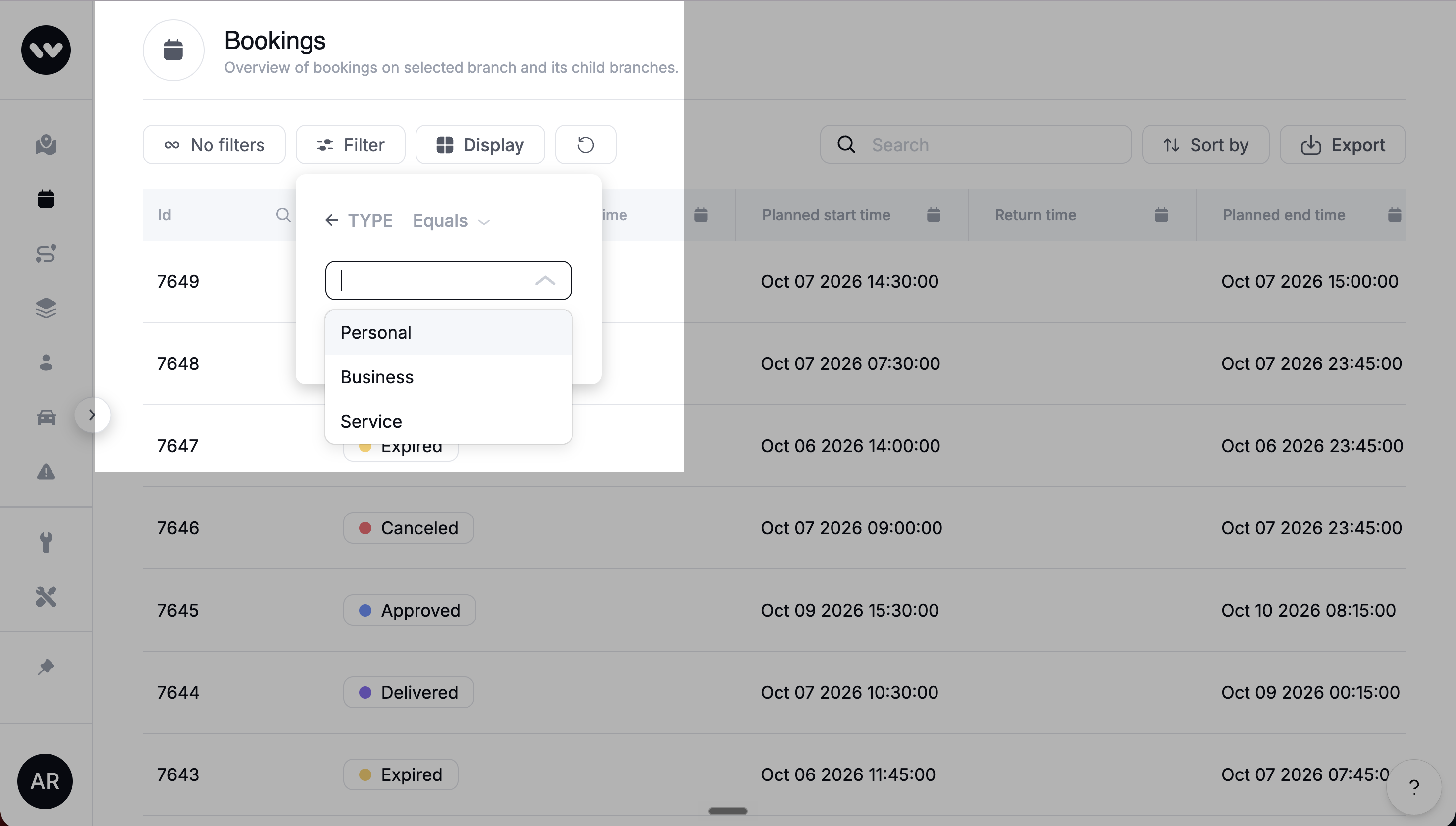 Bookings table with the Filter panel open on the Type field, listing Personal, Business and Service
