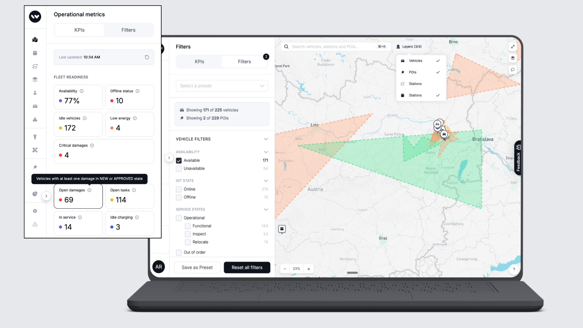 Fleet map with operational metrics panel and vehicle filters
