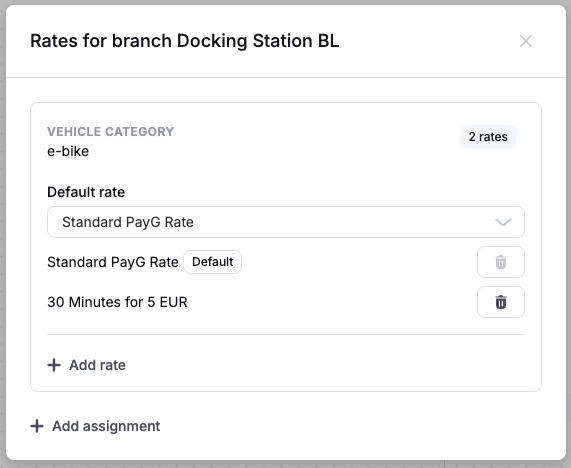 Rates for branch Docking Station BL dialog showing e-bike vehicle category rates