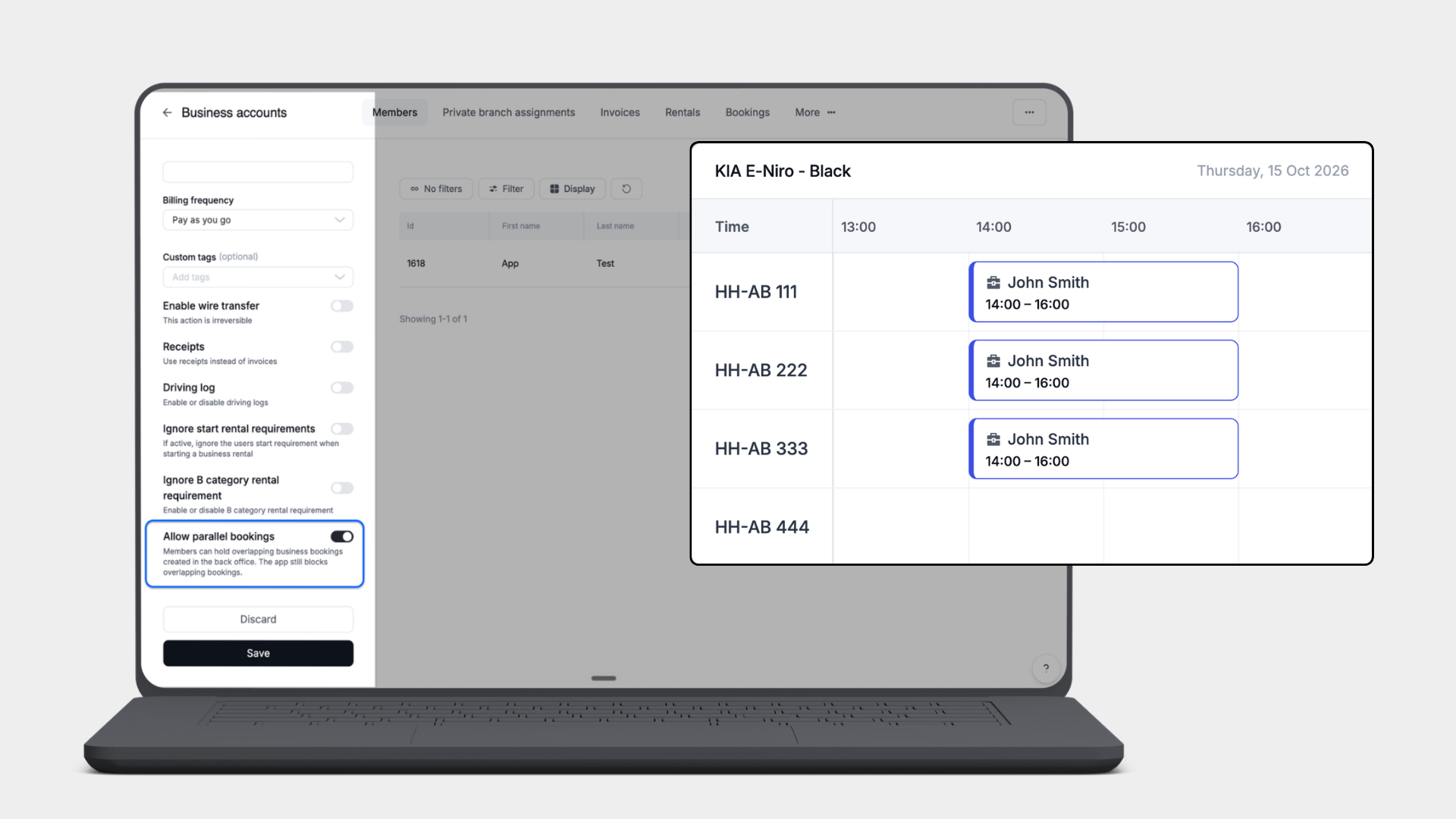 Business account settings with Allow parallel bookings turned on, beside a car schedule showing three overlapping bookings