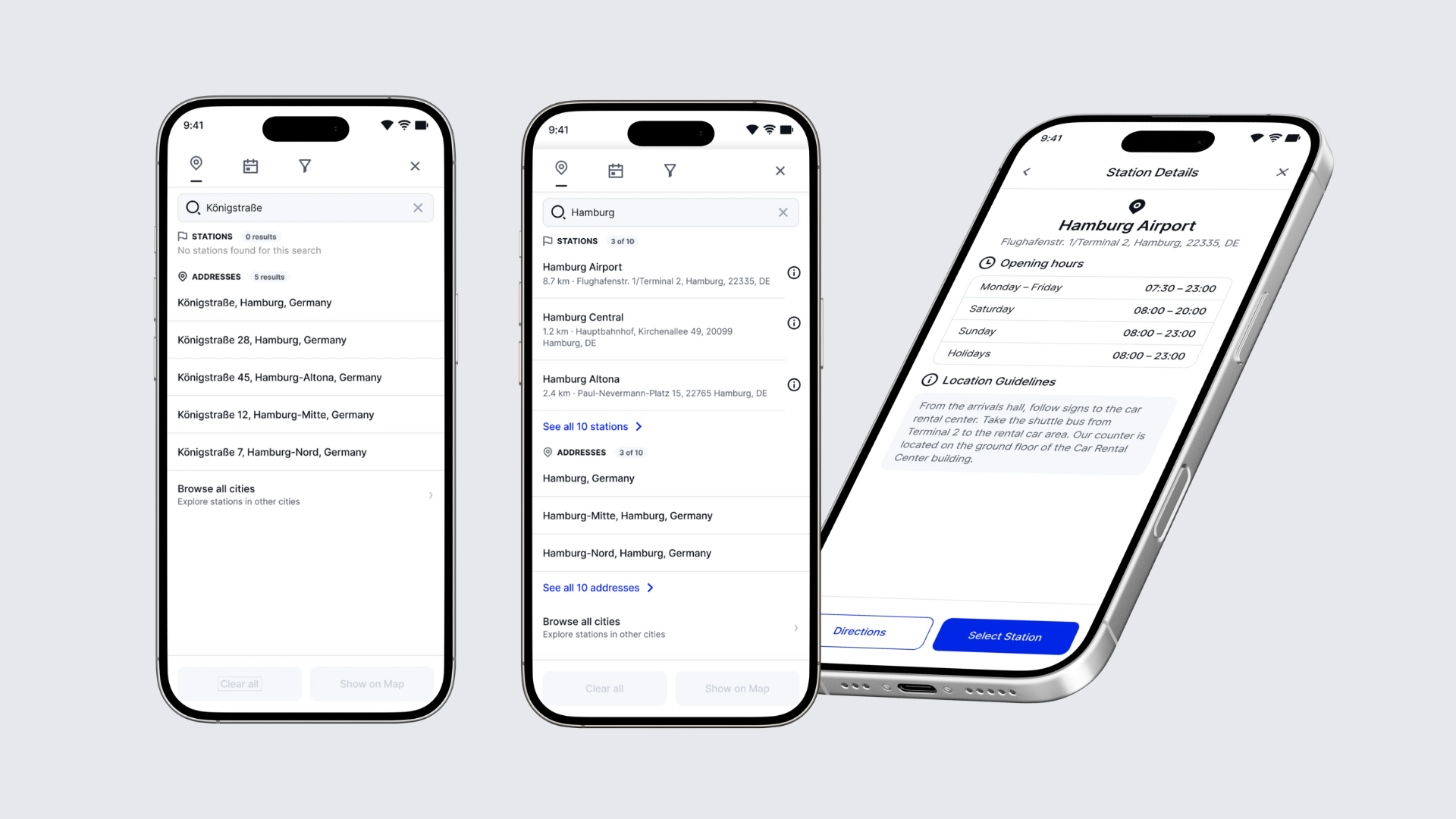 Three phone screens showing station search and station details for a car rental app