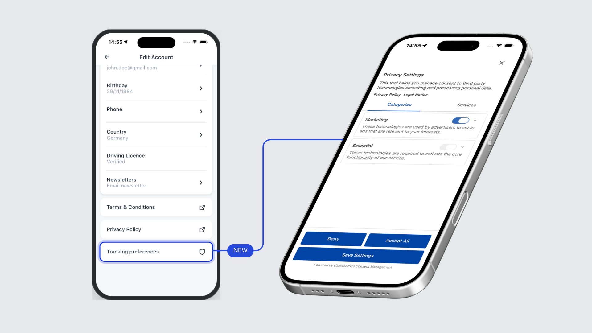 Edit Account screen with a new Tracking preferences entry opening a Privacy Settings consent screen