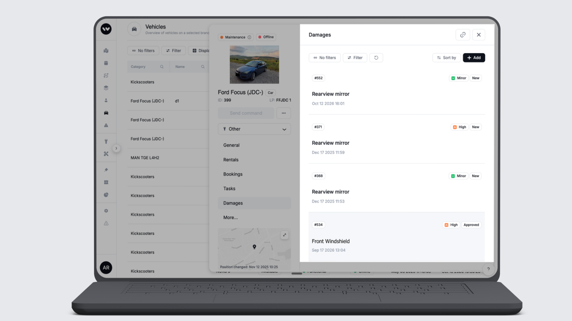 Damages panel for a Ford Focus in a fleet vehicles app, listing four damage reports